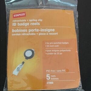 Staples Retractable ID Badge Reels, 5 reels in bag. NWT